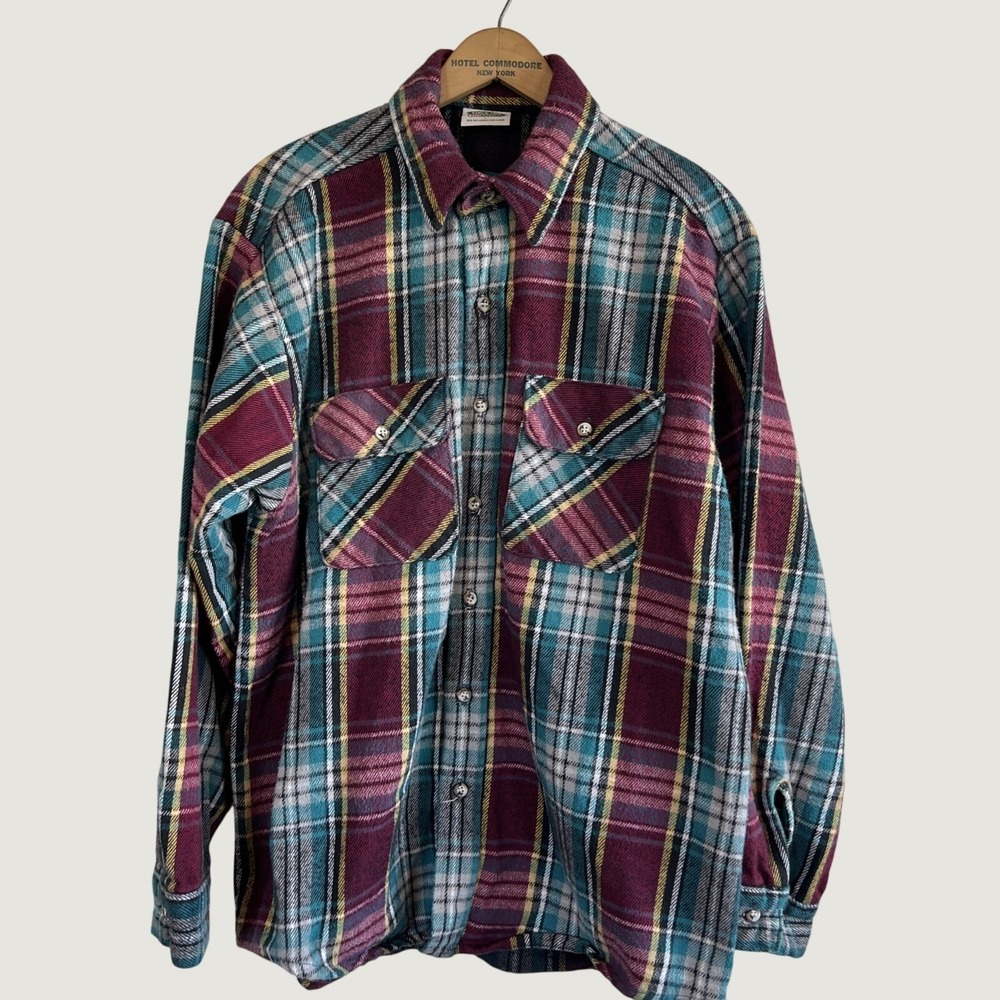 Vintage Five Brother Men's Plaid Flannel Button-Up Shirt Burgundy Green Size L